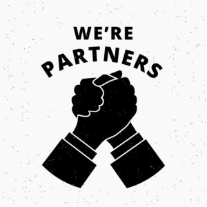 We're partners. Two business partners agreed a deal and doing handshaking.  Grunge textured illustration on white background