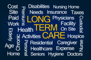 Long Term Care Word Cloud on Blue Background