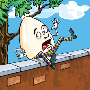Humpty dumpty falling of the wall with the sky and clouds behind