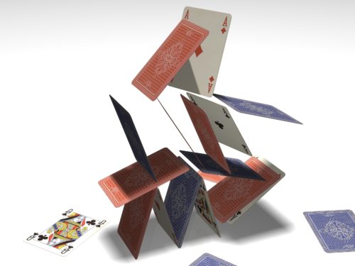 3d illustration of a collapsing pyramid made of playing cards