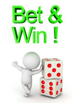 3D Character leaning on a pair of dice with Bet and win text above him. Image can relate to gambling.