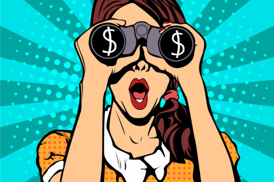 Financial monitoring of currency dollar businessman binoculars pop art retro style.  Sexy surprised woman with open mouth. Colorful vector background in pop art retro comic style.