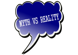 Myth vs Reality white stamp text on blueblack Speech Bubble